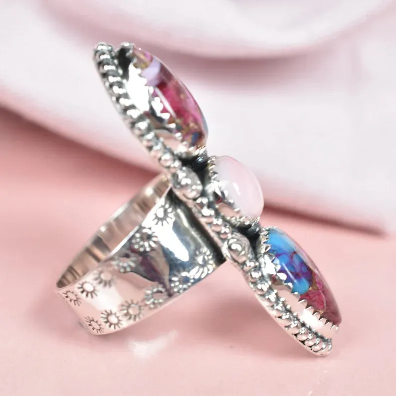 Vintage Pink Copper Turquoise & Pink Opal Three Stone Ring - 925 Sterling Silver Native American Rings