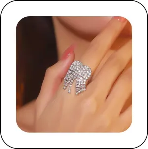 Vintage Rhinestone Heart Ring Silver Cz Heart Band Ring Heart Crystal Ring Love Heart Finger Ring Heart Tassel Ring Adjustable Ring Jewelry for Women
