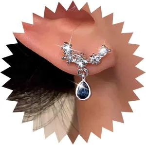 Vintage Sapphire Teardrop Earrings Silver Sapphire Dangle Earrings Crystal Ear Climber Crawler Earrings Blue Crystal Drop Earrings Jewelry for Women