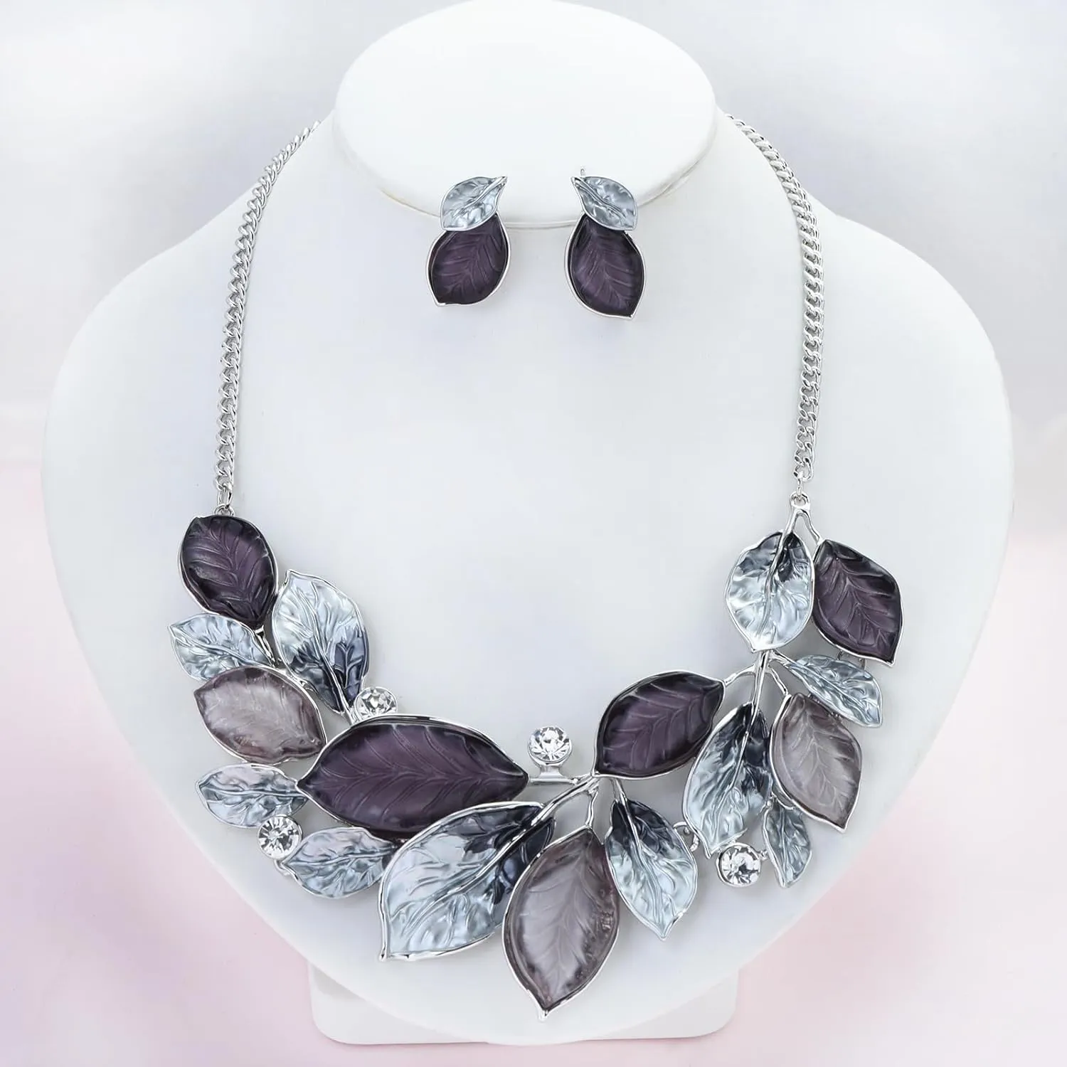 Vintage Statement Jewelry Set Leaf Floral Bohemian Boho Statement Necklace Earring Set Crystal Fashion Costume Jewelry