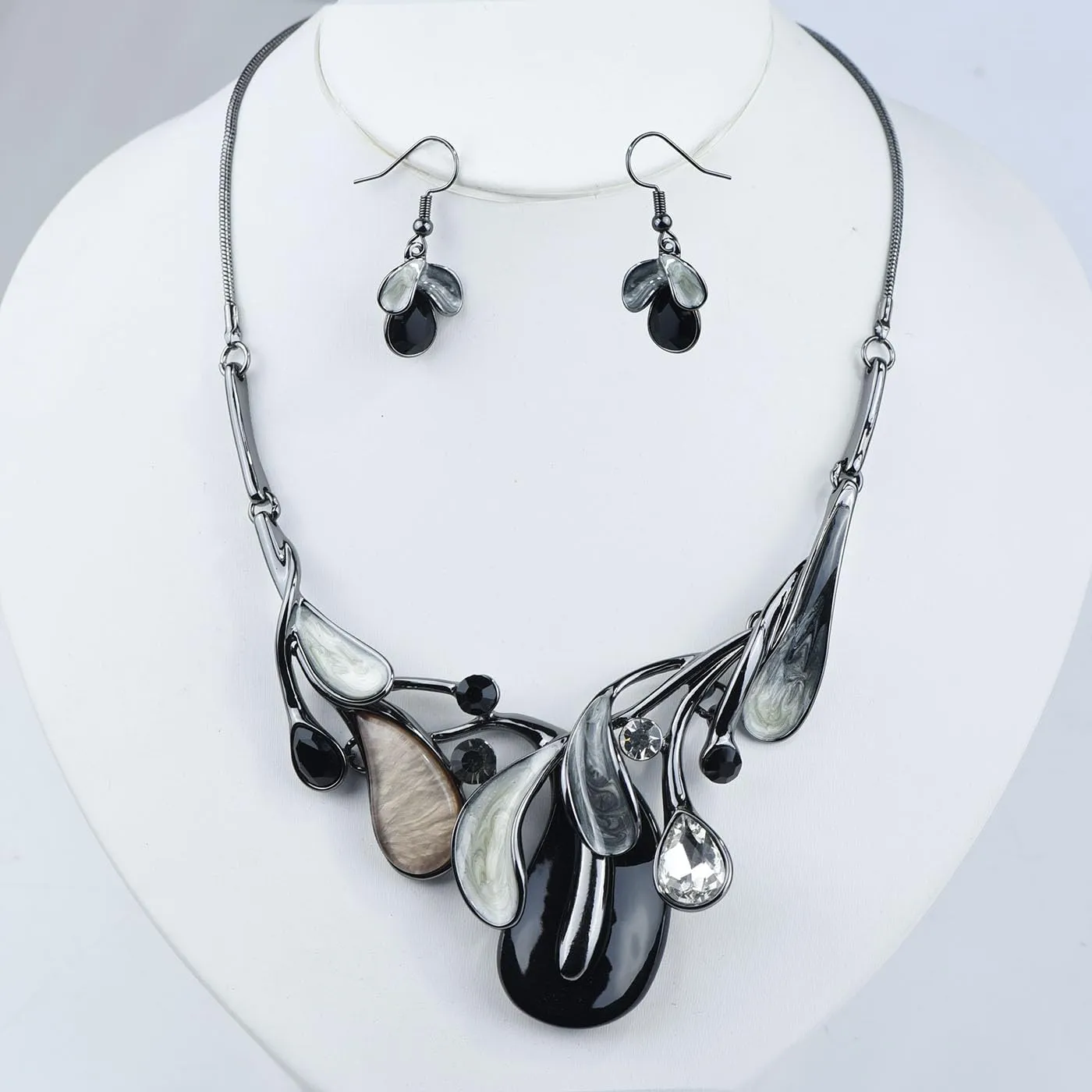 Vintage Statement Jewelry Set Leaf Floral Bohemian Boho Statement Necklace Earring Set Crystal Fashion Costume Jewelry