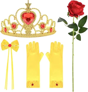 Vividsun Princess Costume Accessories,Yellow Tiara Crown Bow Hair Clips,Gloves and Rose Flower Set,for Girls Princess Costume