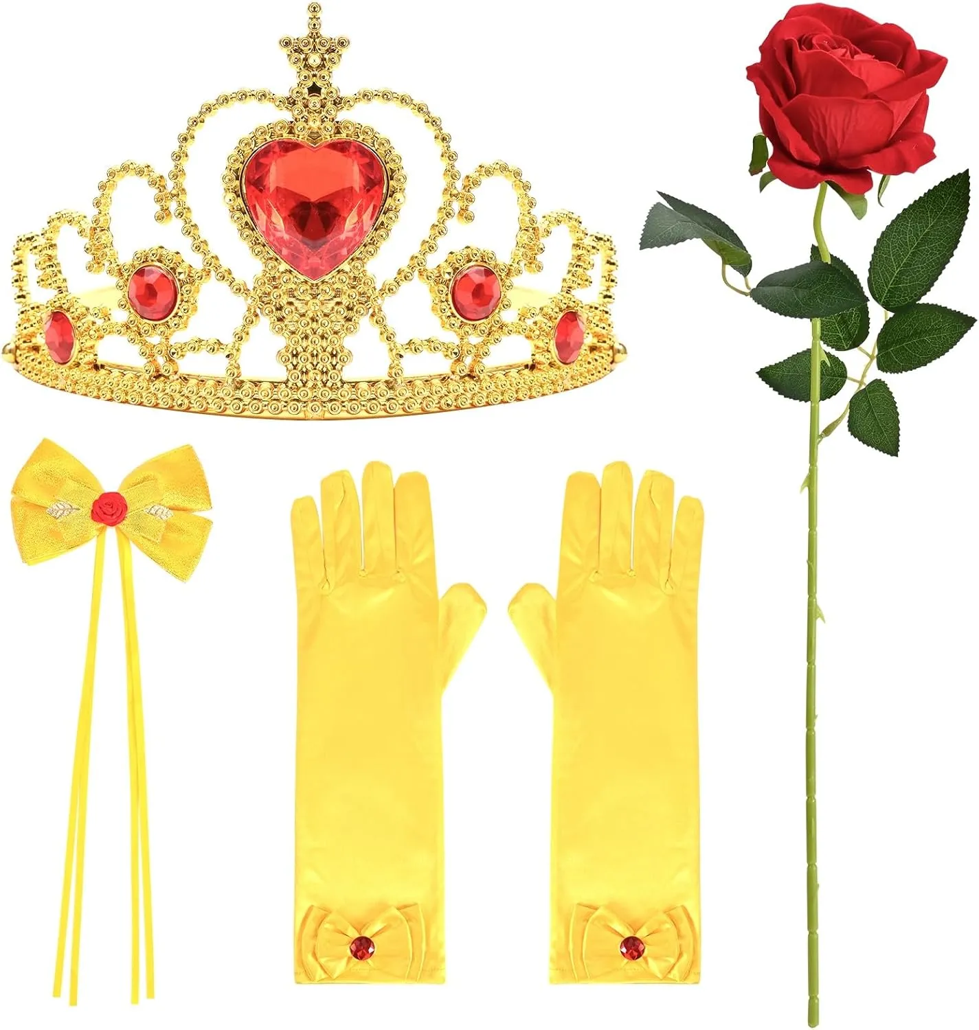Vividsun Princess Costume Accessories,Yellow Tiara Crown Bow Hair Clips,Gloves and Rose Flower Set,for Girls Princess Costume