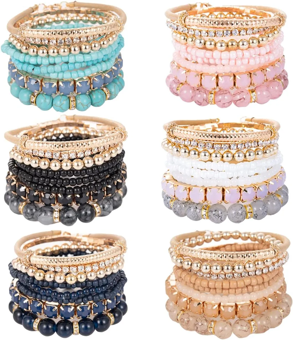 WAINIS 6 Sets Bohemian Stackable Bead Bracelets for Women Multicolor Stretch Beaded Bracelets Layered Bead Adjustable Bracelet Turquoise Stretch Bracelets