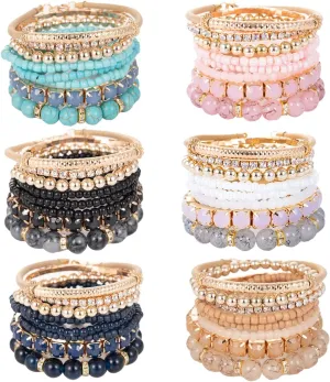 WAINIS 6 Sets Bohemian Stackable Bead Bracelets for Women Multicolor Stretch Beaded Bracelets Layered Bead Adjustable Bracelet Turquoise Stretch Bracelets