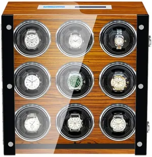 Watch Watch Winder for 9 Automatic Watches, Led Illumination, Wood Shell Piano Finish, Silent Motor, Flexible Watch Pillow