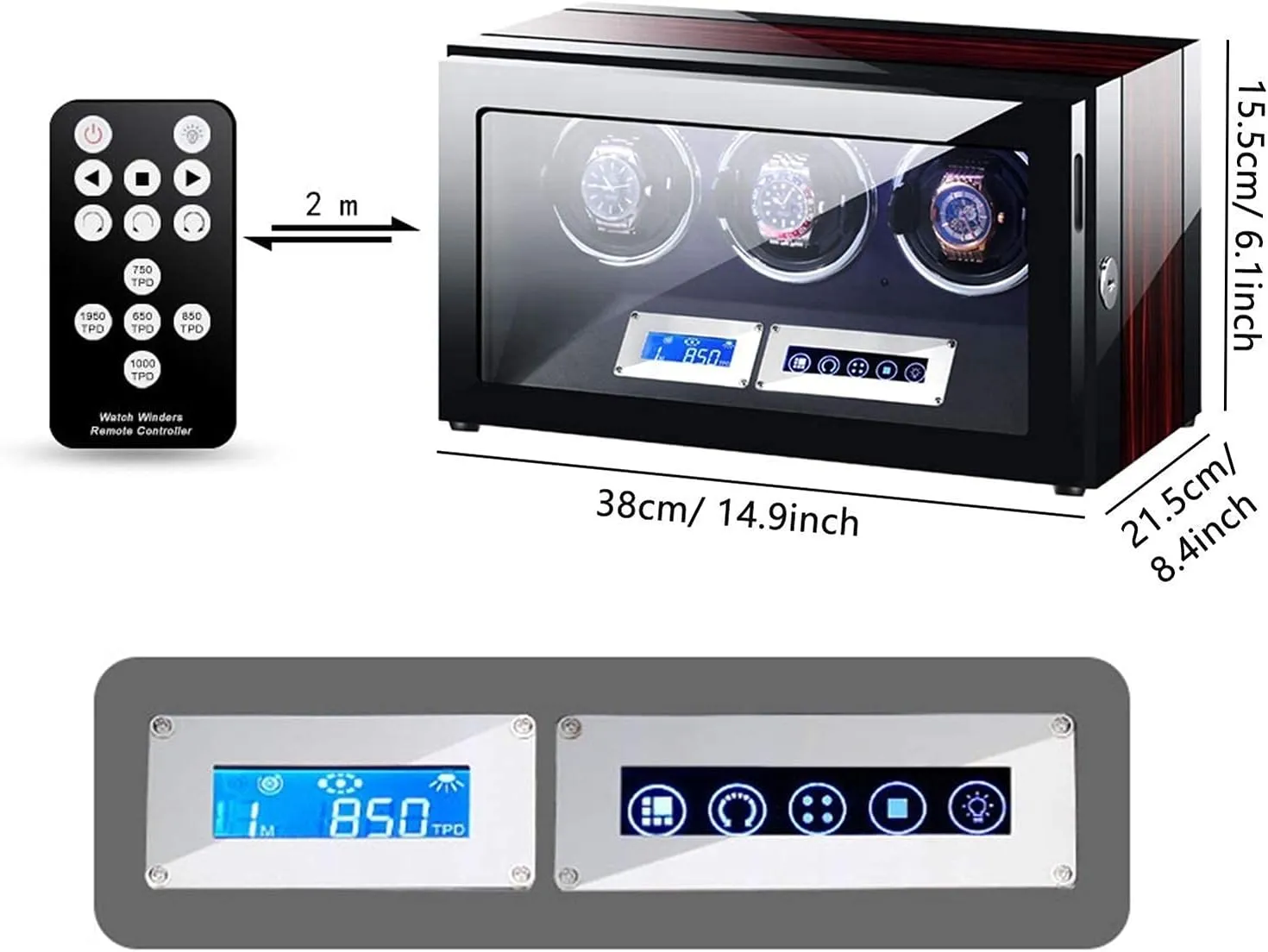 Watch Winder for Automatic Watches Remote Control Touch Screen Display Adjustable Watch Pillows 15 Rotation Mode Piano Finish