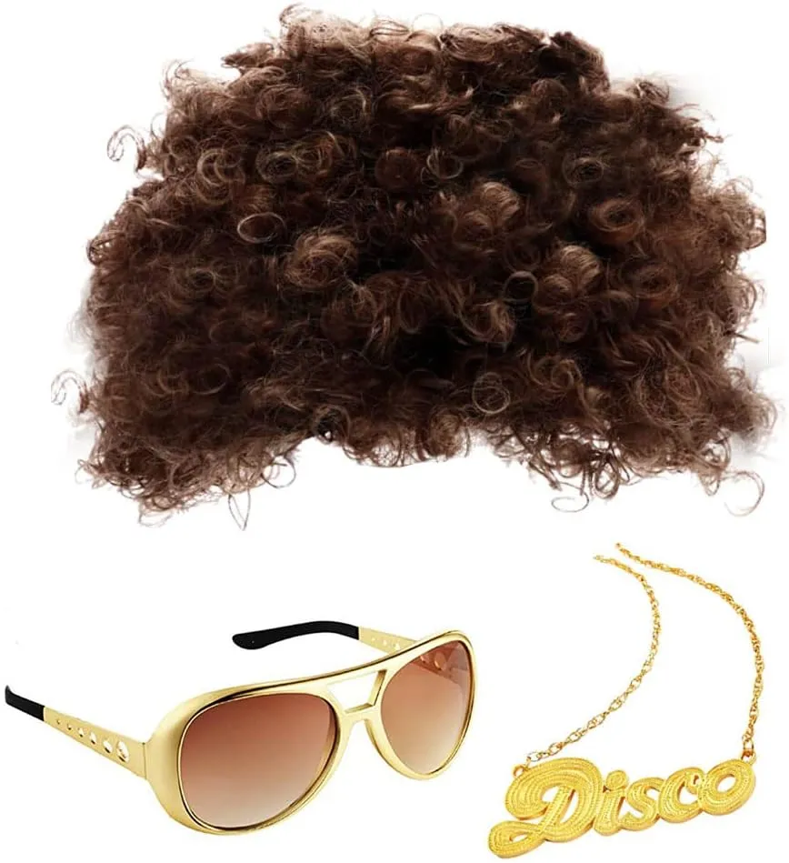 Weahre 3 Pieces Hippie Costume Kit Funky Rock Star Afro Wig Sunglasses Necklace Chain for Halloween 50s 60s 70s Disco Cosplay Theme Party