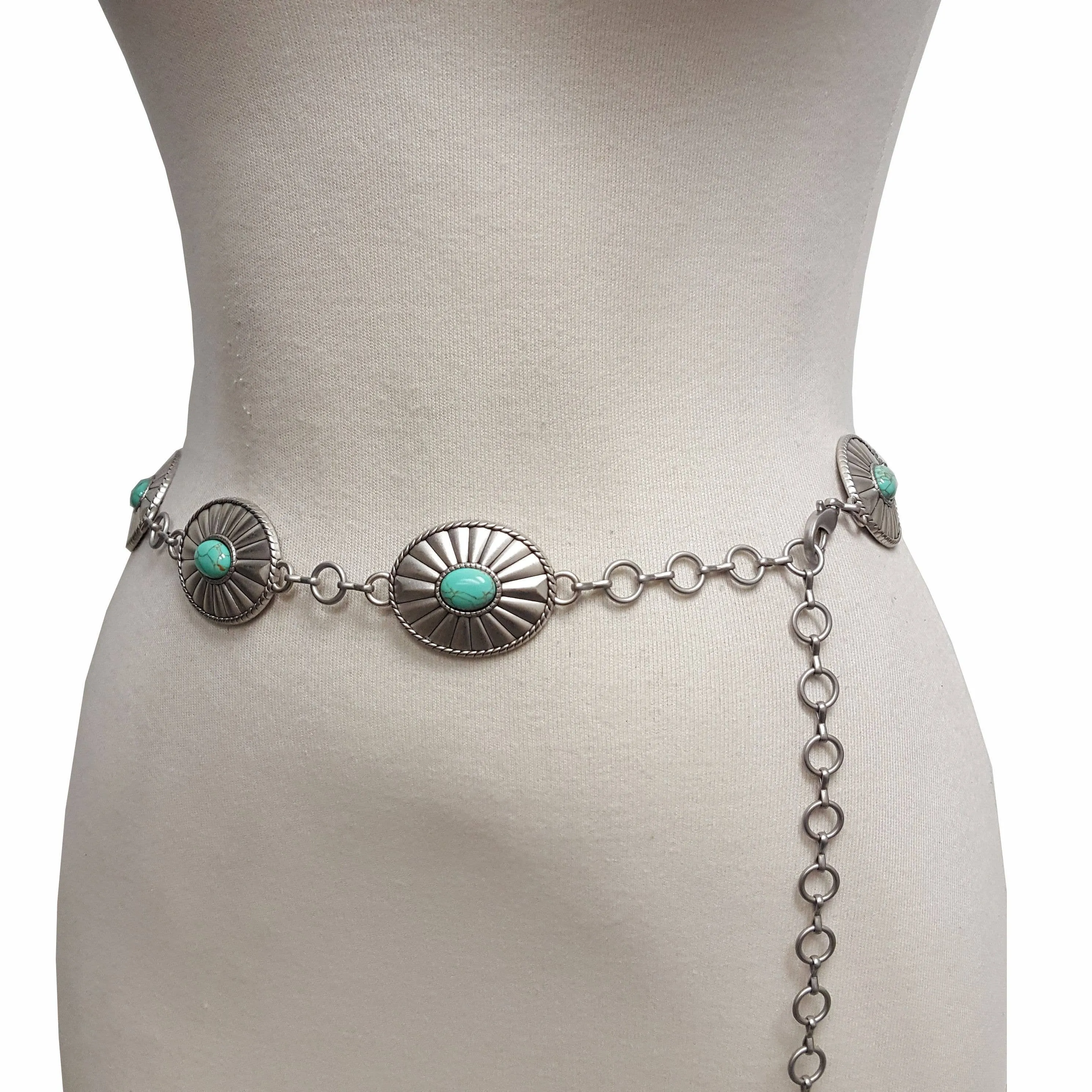 Western Oval Concho Chain belt with stones - Silver