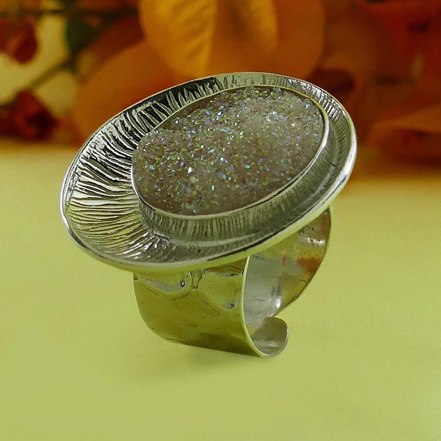 White Agate Druzy Quartz Large Adjustable Ring 925 Sterling Silver