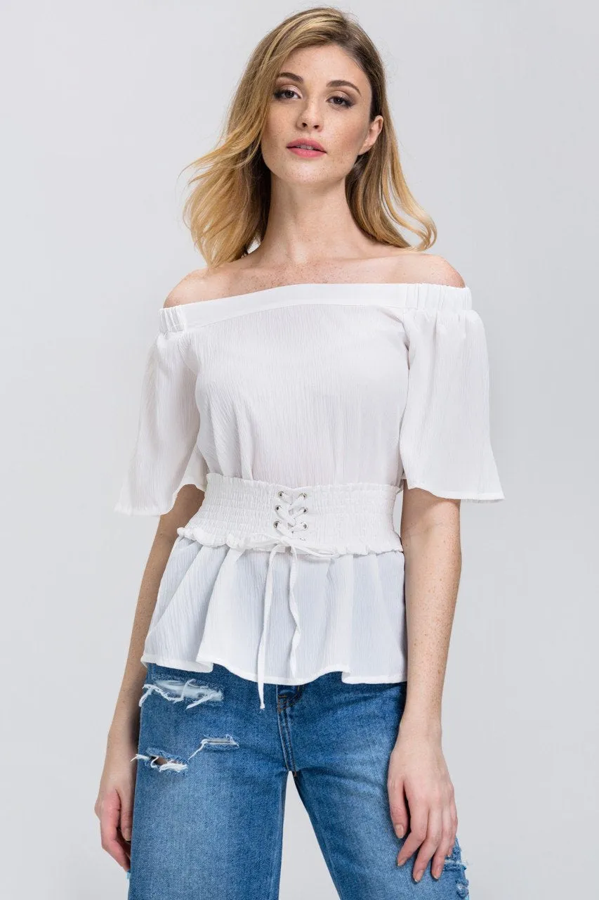 White Crepe Off-The-Shoulder Corset Top