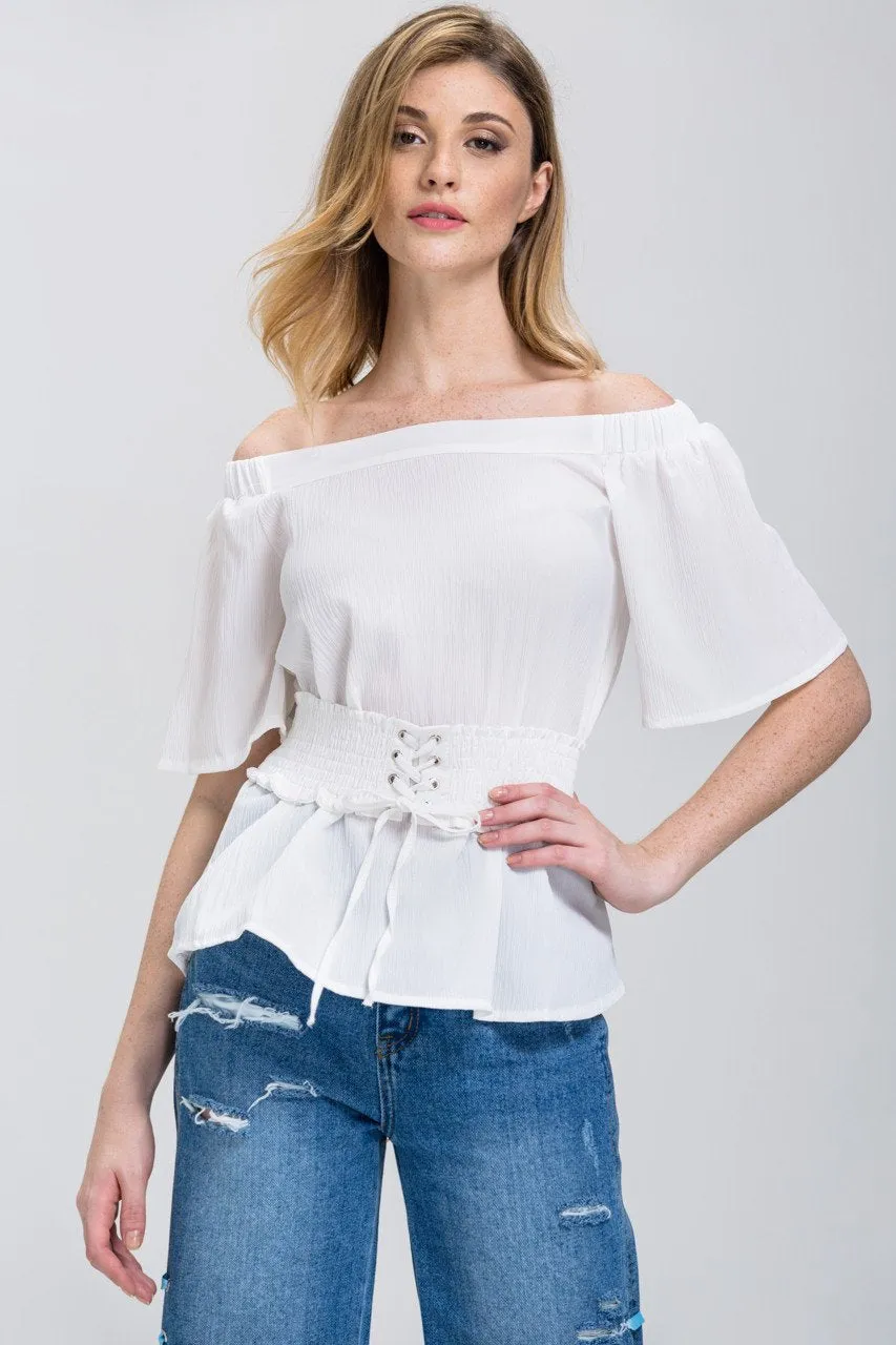White Crepe Off-The-Shoulder Corset Top