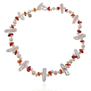 White Freshwater Pearl & Amber Asymmetric Necklace