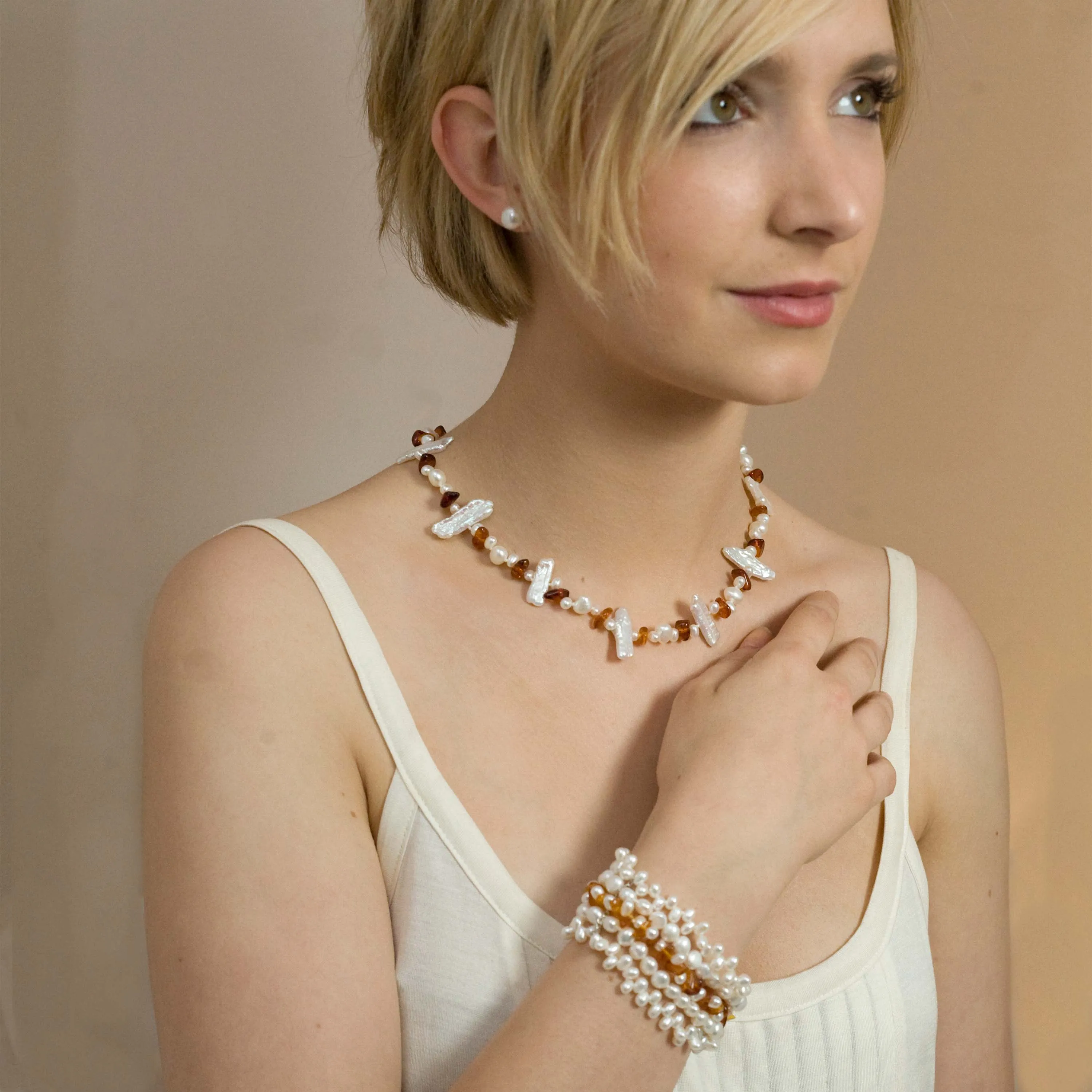 White Freshwater Pearl & Amber Asymmetric Necklace