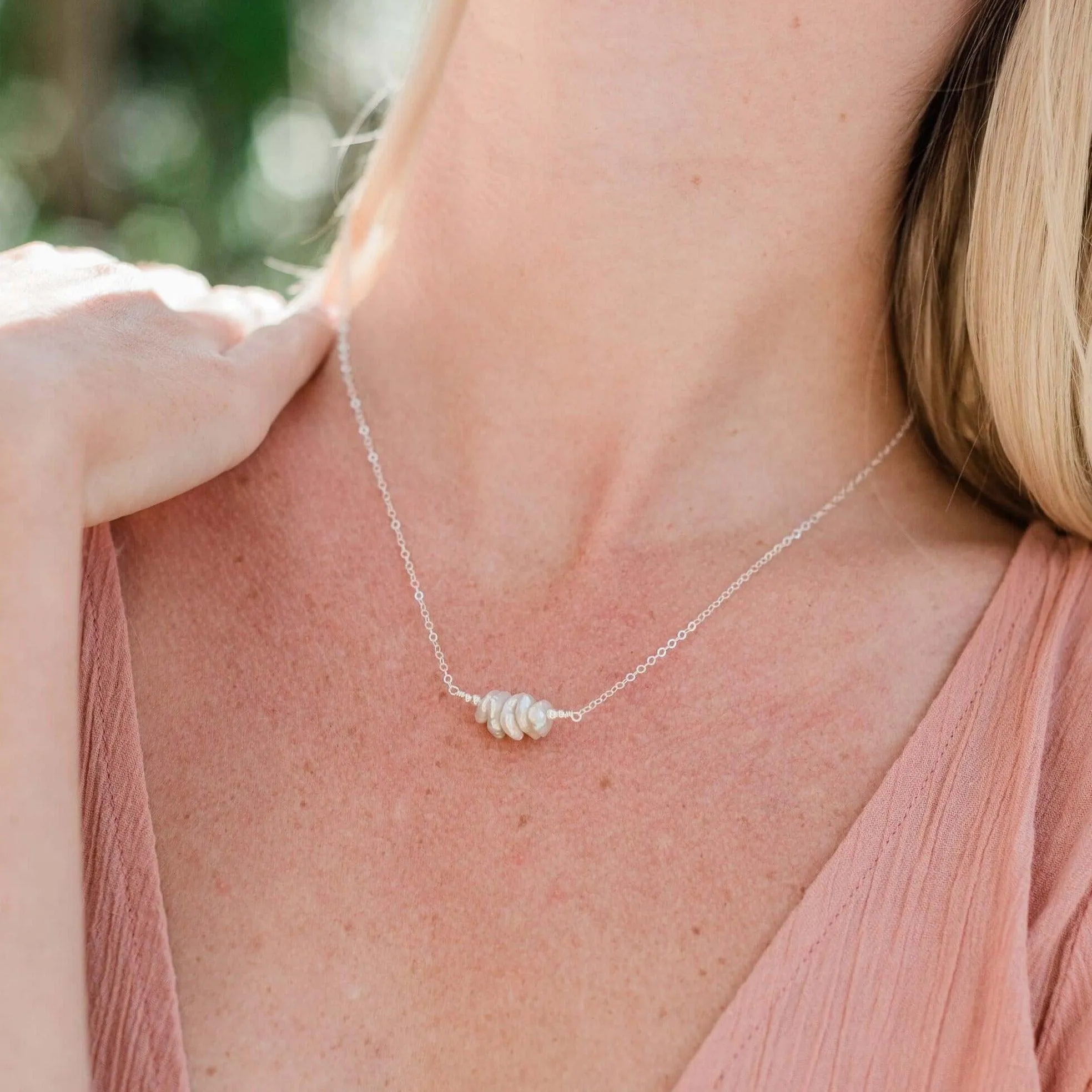 White Freshwater Pearl Chip Bead Bar Necklace