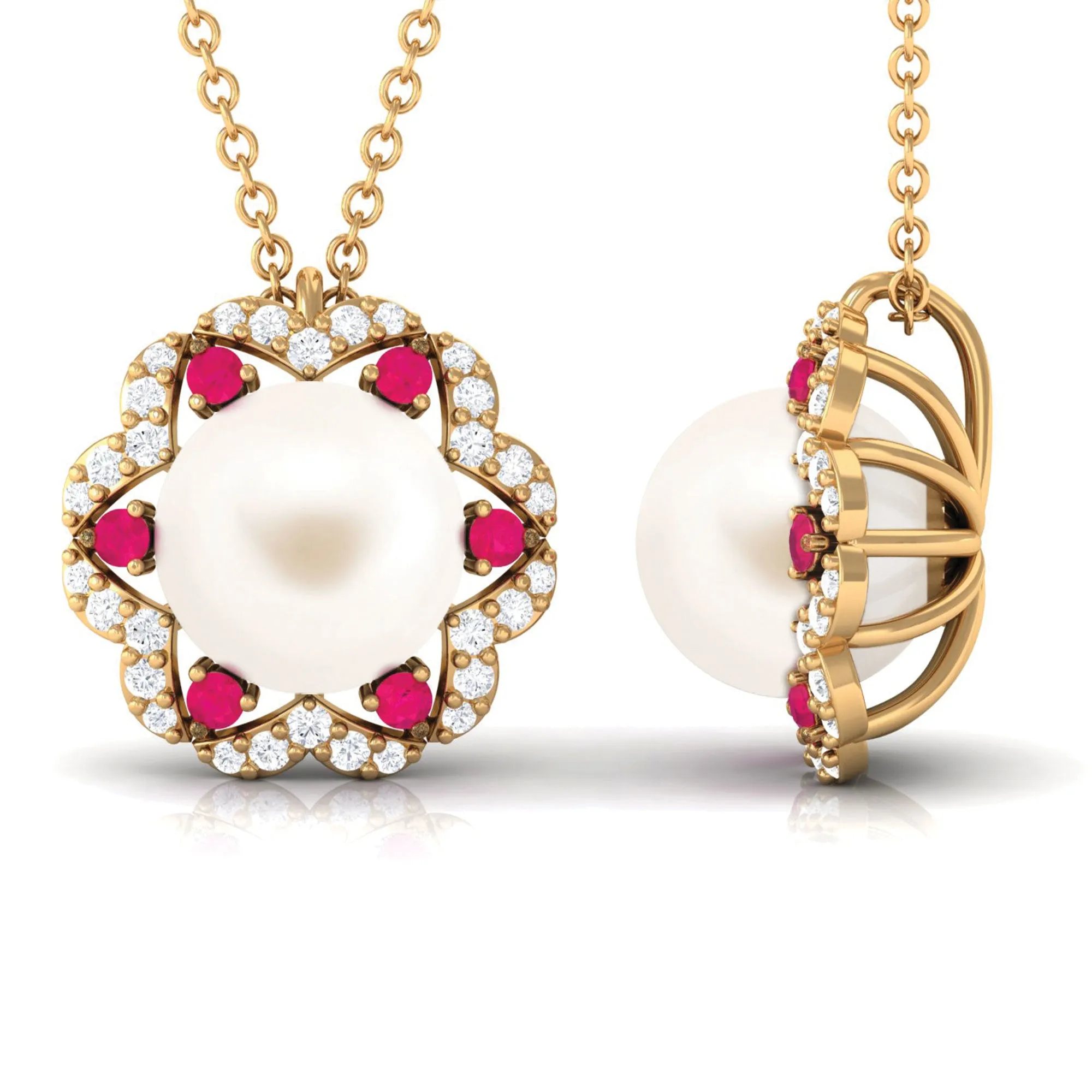 White Freshwater Pearl Statement Pendant with Ruby and Diamond