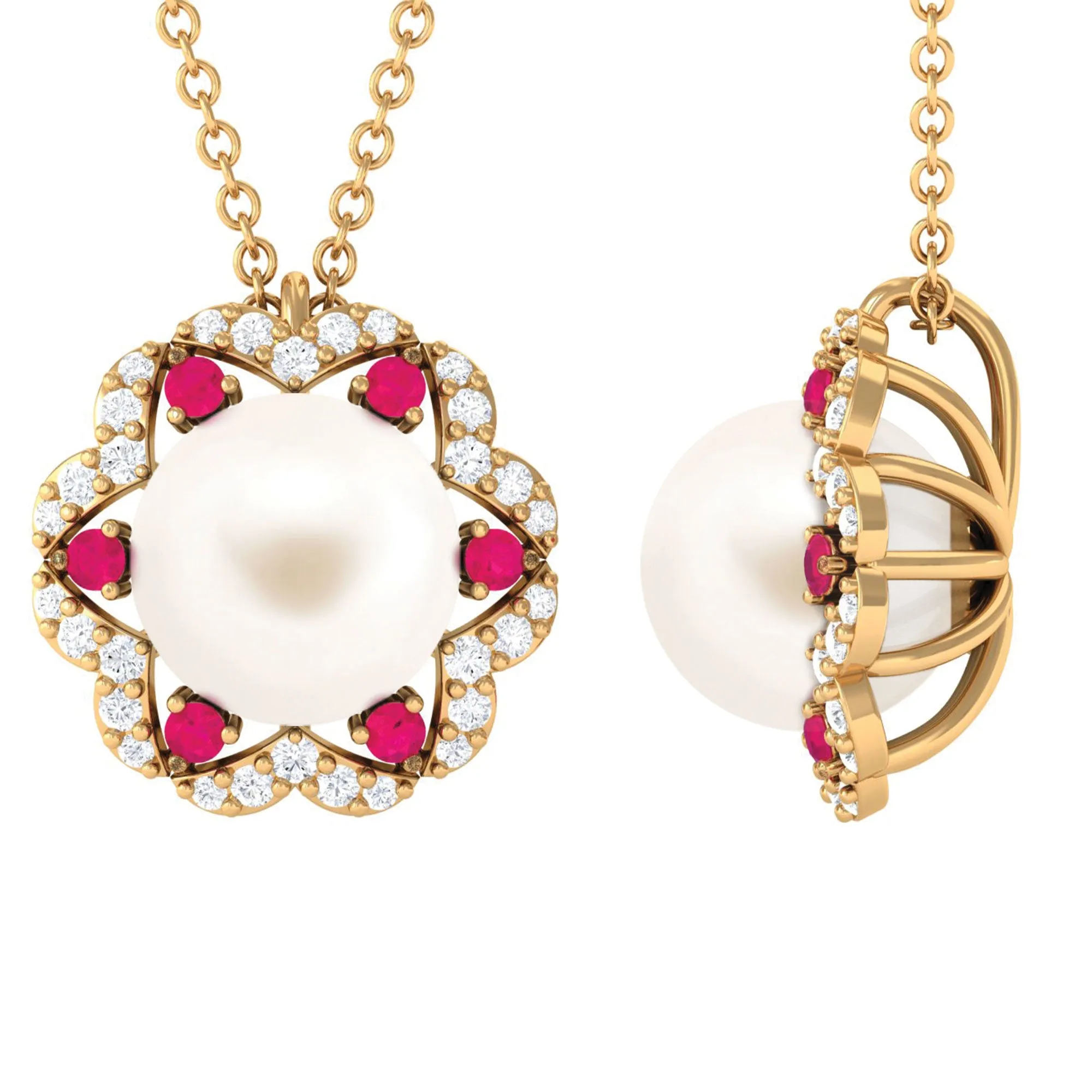 White Freshwater Pearl Statement Pendant with Ruby and Diamond