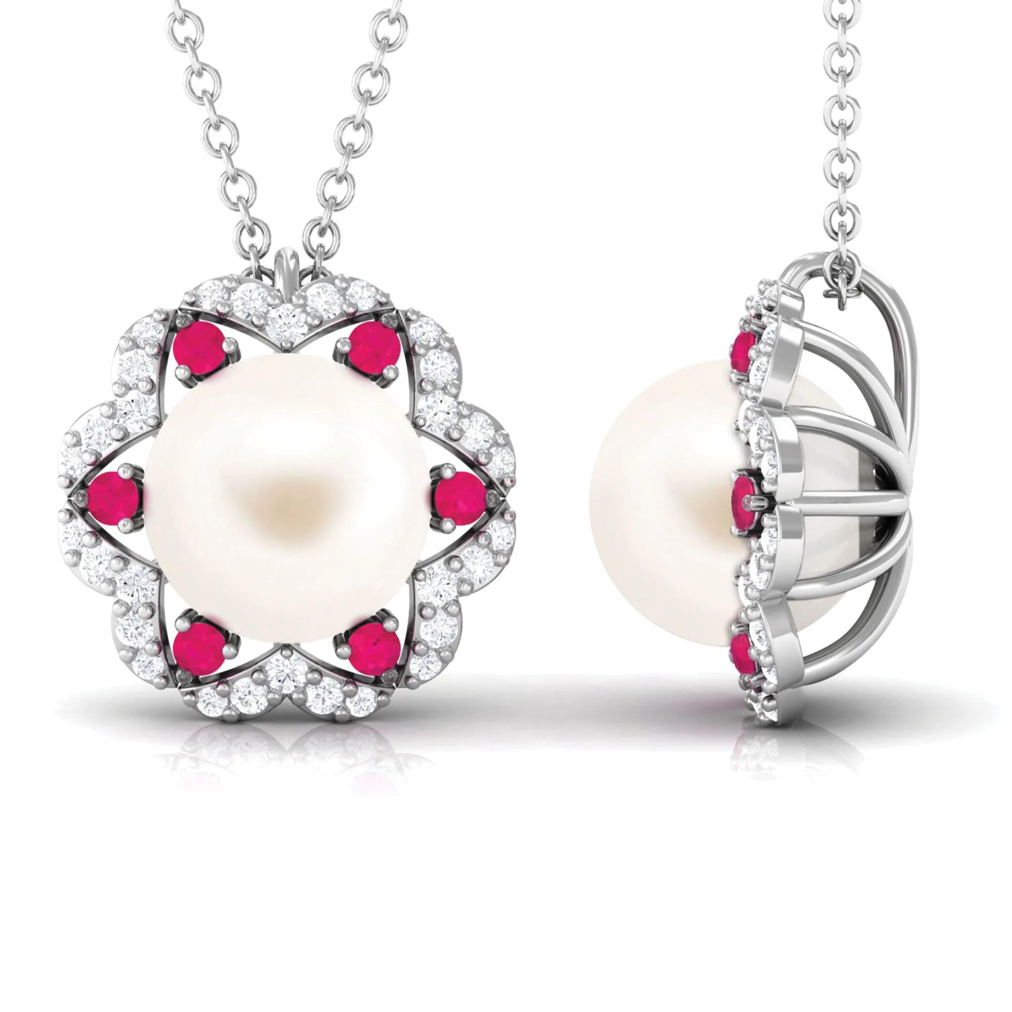 White Freshwater Pearl Statement Pendant with Ruby and Diamond