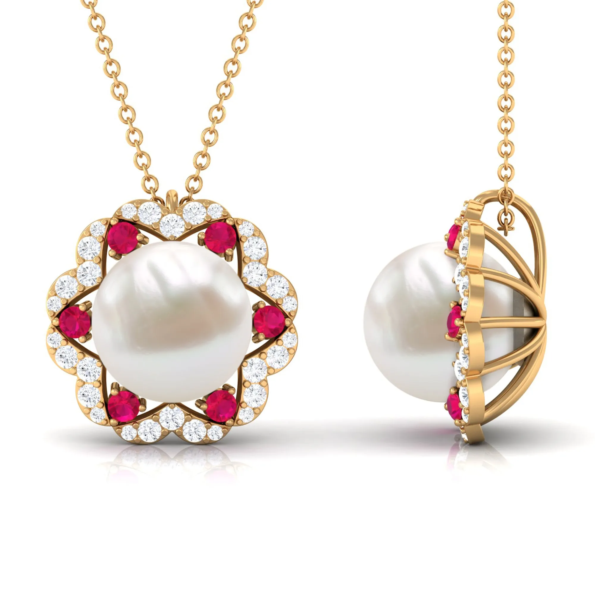 White Freshwater Pearl Statement Pendant with Ruby and Diamond