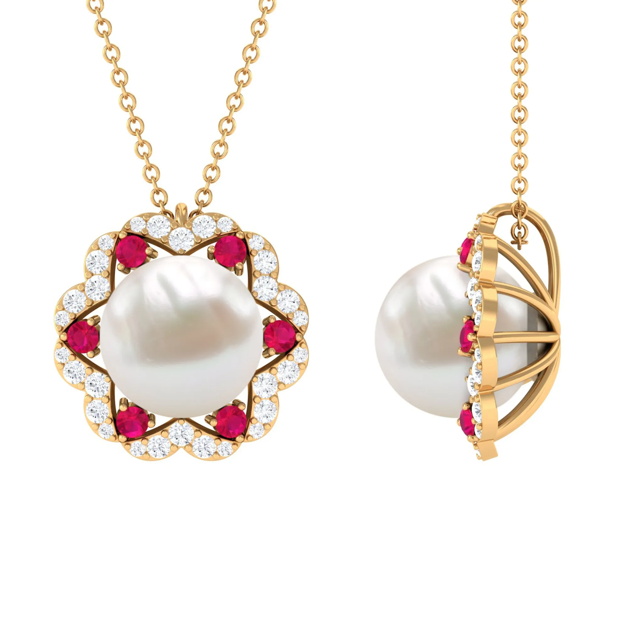 White Freshwater Pearl Statement Pendant with Ruby and Diamond