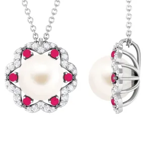 White Freshwater Pearl Statement Pendant with Ruby and Diamond