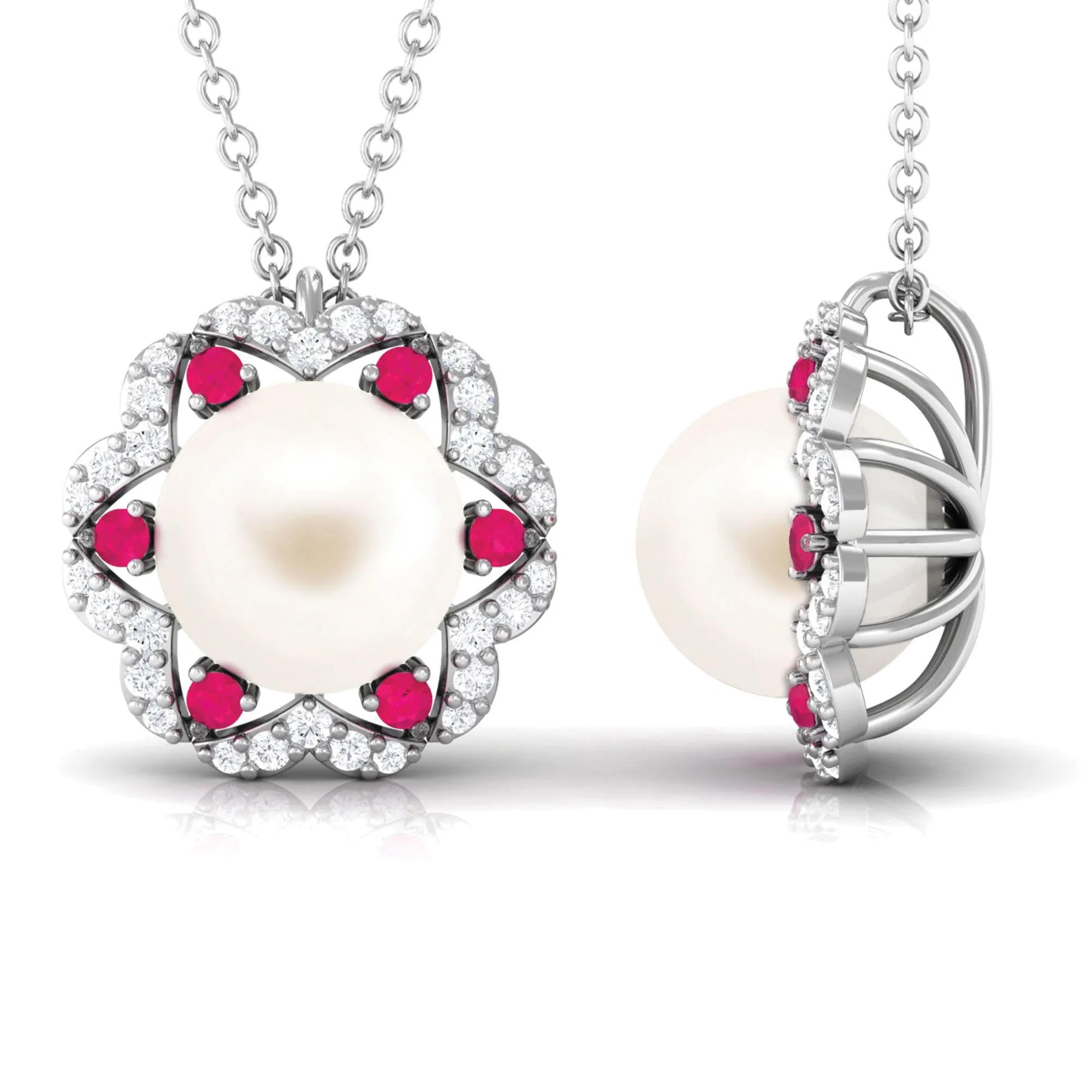 White Freshwater Pearl Statement Pendant with Ruby and Diamond