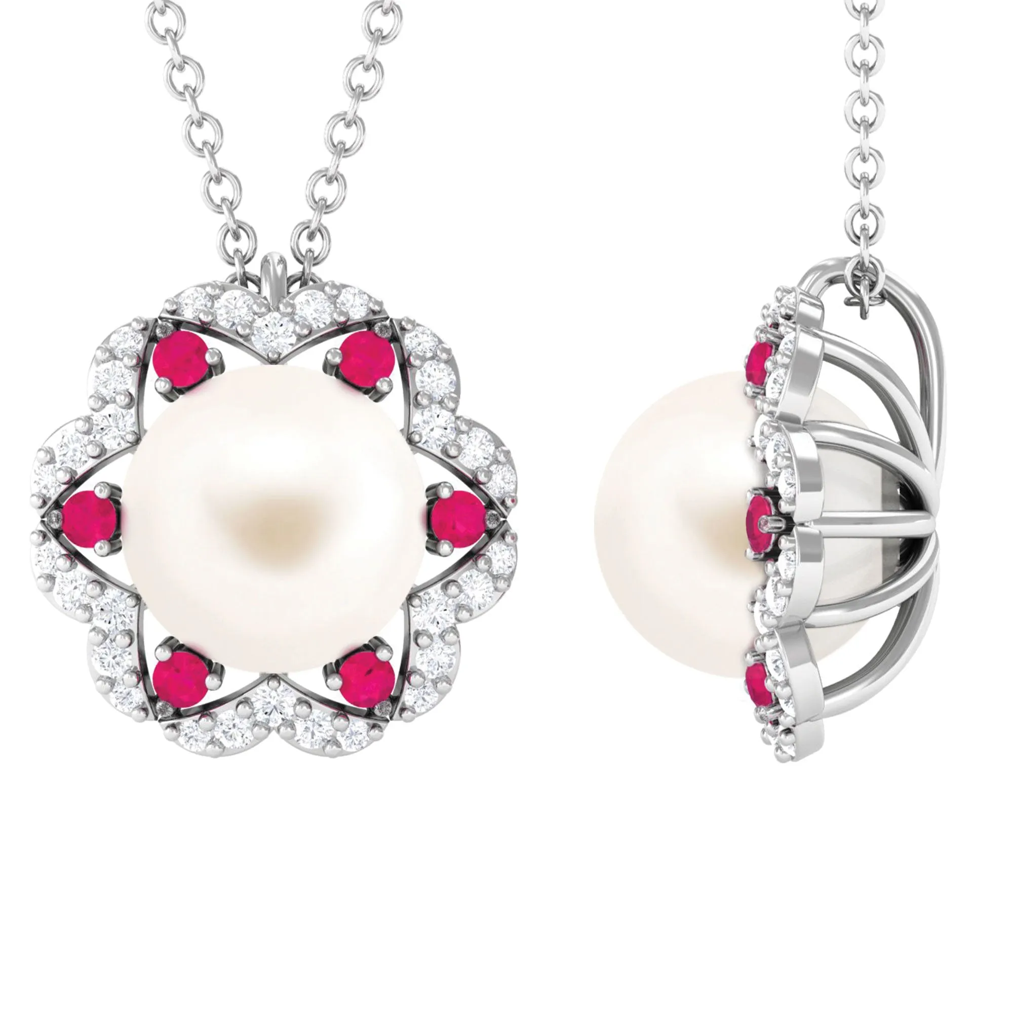 White Freshwater Pearl Statement Pendant with Ruby and Diamond