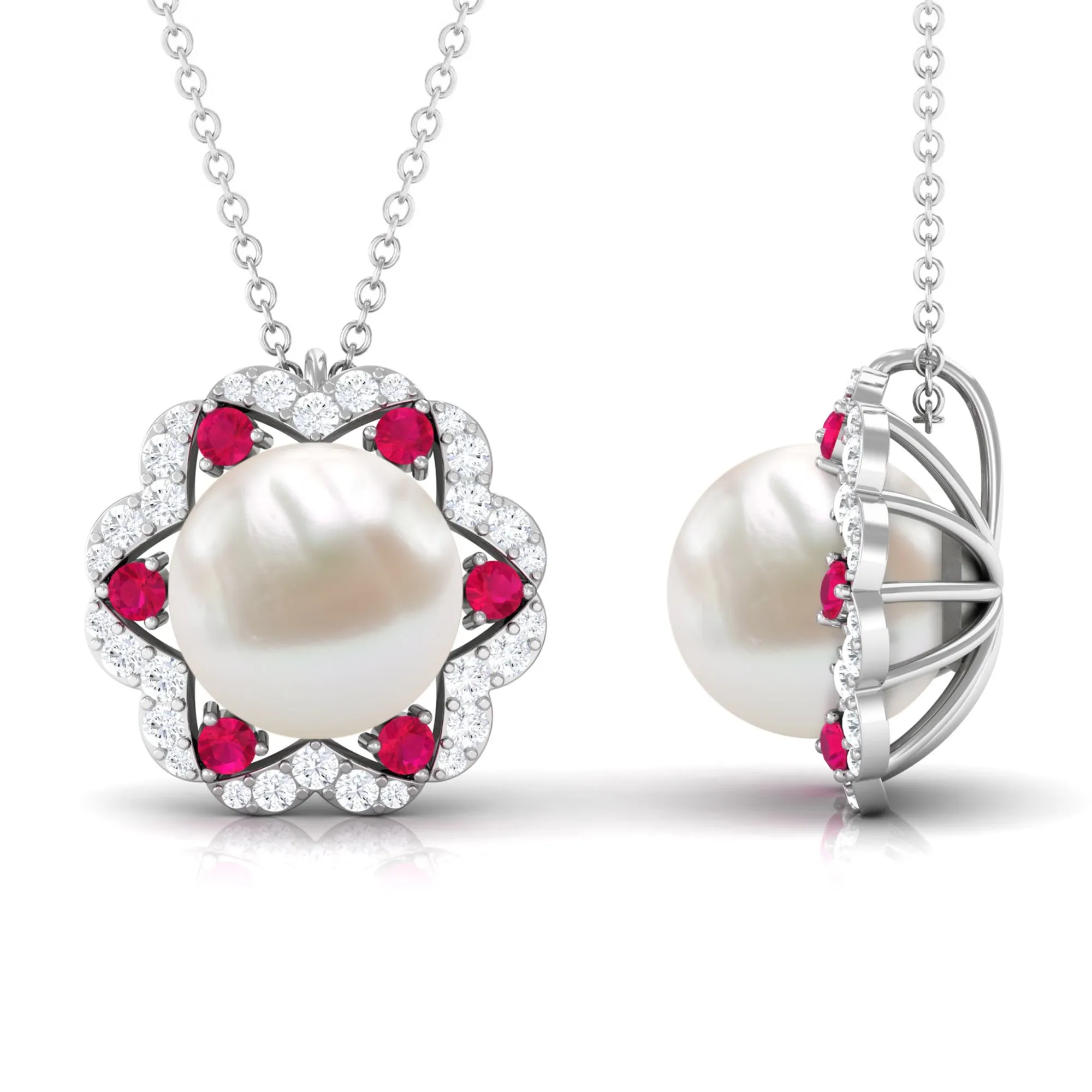 White Freshwater Pearl Statement Pendant with Ruby and Diamond