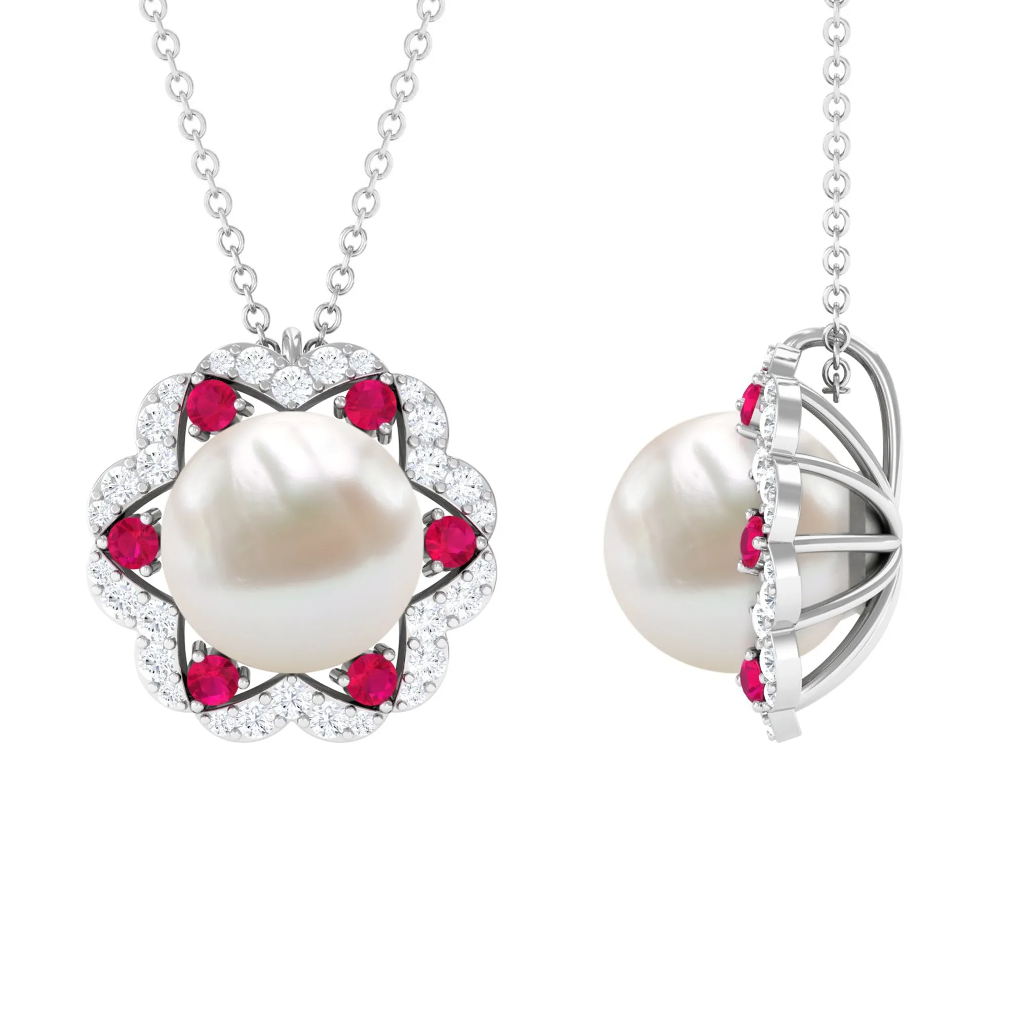 White Freshwater Pearl Statement Pendant with Ruby and Diamond