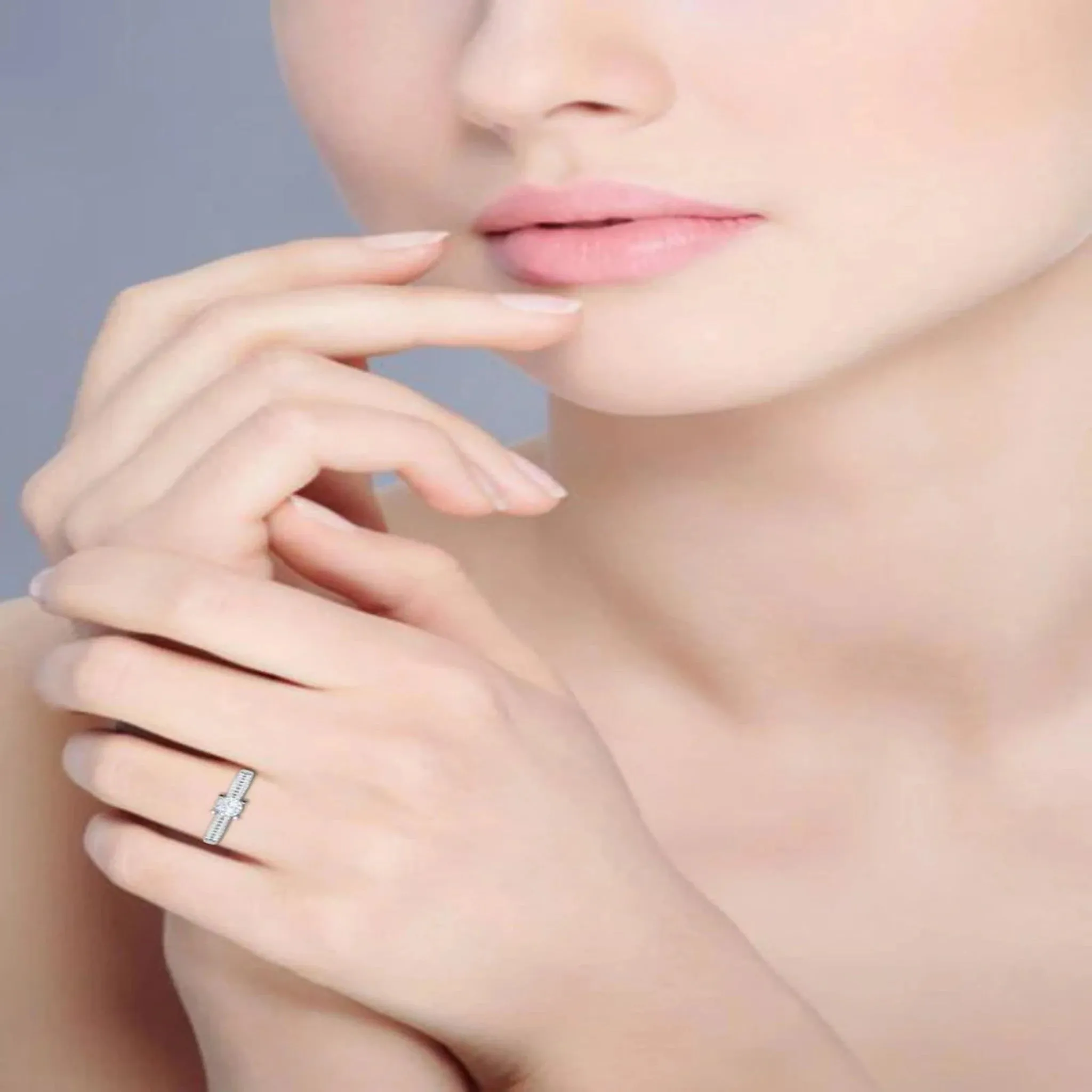 White Gold Adjustable Silver Thin Pave Solitaire Diamond Ring For Woman