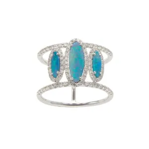 White Gold Australian Opal Ring with Double Band & Stone Size 7
