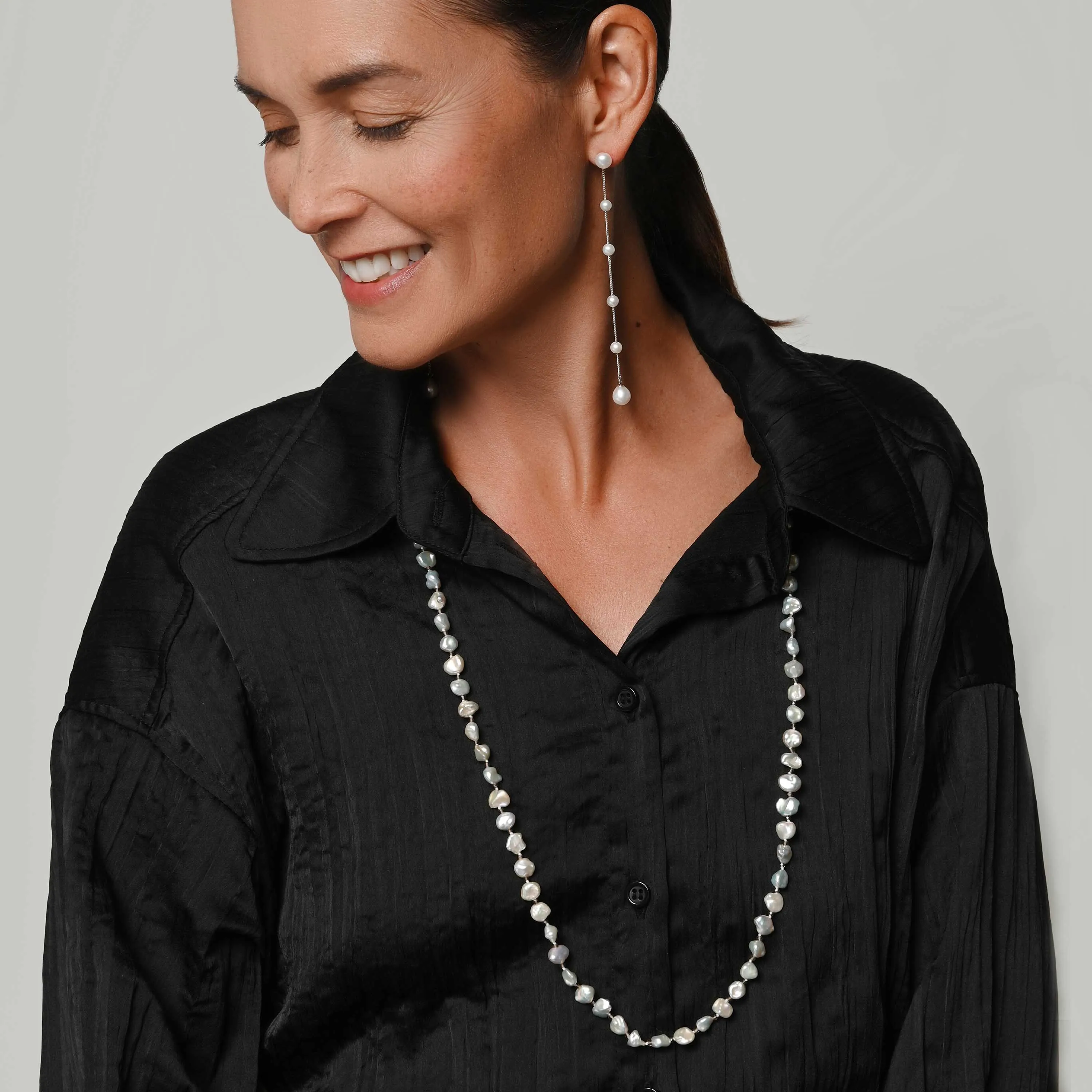 White Keshi Pearl & Smokey Quartz 'The Twist' Long Necklace