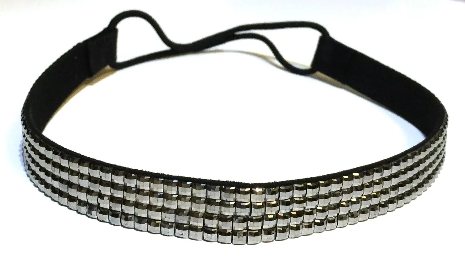 WigsPedia Rhinestone Crystal Stretch Headband 4-Row Head Piece Elastic Hair Band for Women (Metallic Hematite)
