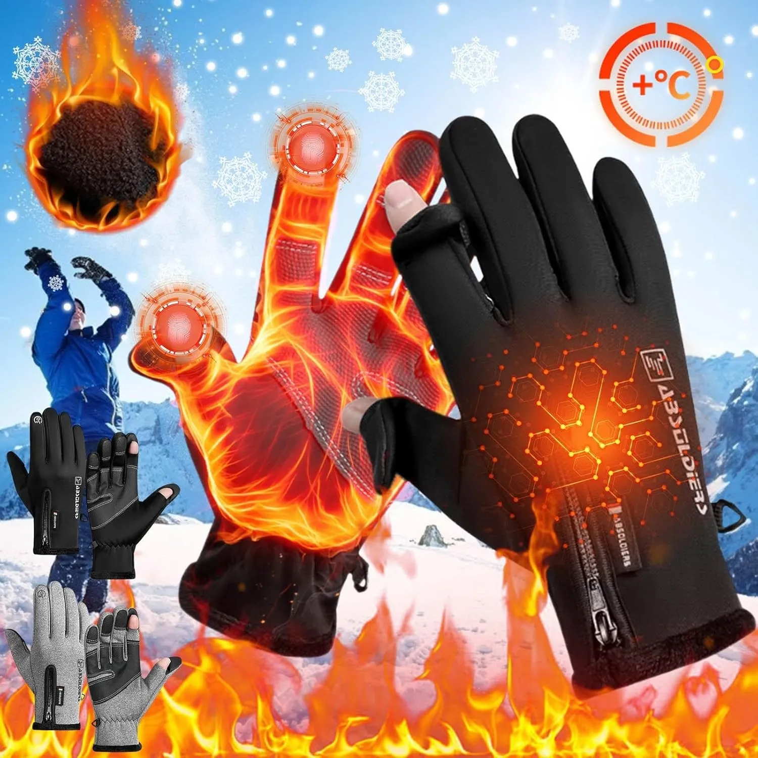 Winter Warm Gloves Touchscreen Cold Weather Driving Gloves, Slip Waterproof Fingerless Touchscreen Gloves Windproof Slip Sports Gloves for Cycling Running Skiing Hiking Climbing/2509