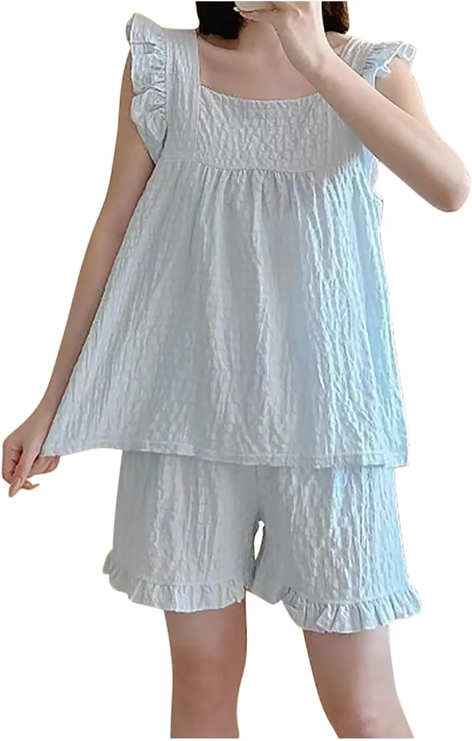 wodceeke Women Cute Pajamas Sets Ruffle Sleeve Tank Tops and Shorts Sleepwear Modal Pjs Sets Summer Nightwear