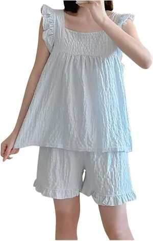 wodceeke Women Cute Pajamas Sets Ruffle Sleeve Tank Tops and Shorts Sleepwear Modal Pjs Sets Summer Nightwear