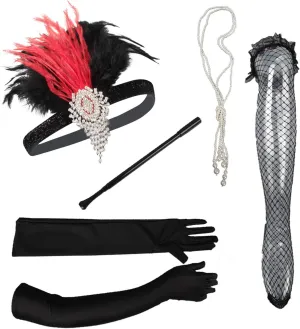 Women 1920s Accessories Set Flapper Gatsby Costume Accessories Set 20s Headband Pearl Necklace Gloves Cigarette Holder