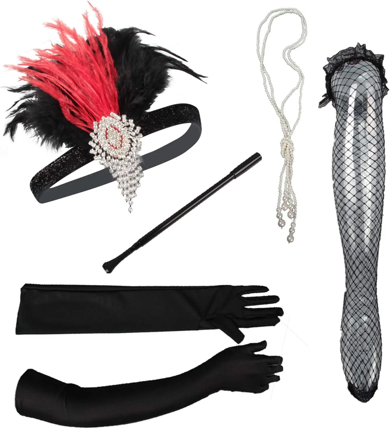 Women 1920s Accessories Set Flapper Gatsby Costume Accessories Set 20s Headband Pearl Necklace Gloves Cigarette Holder