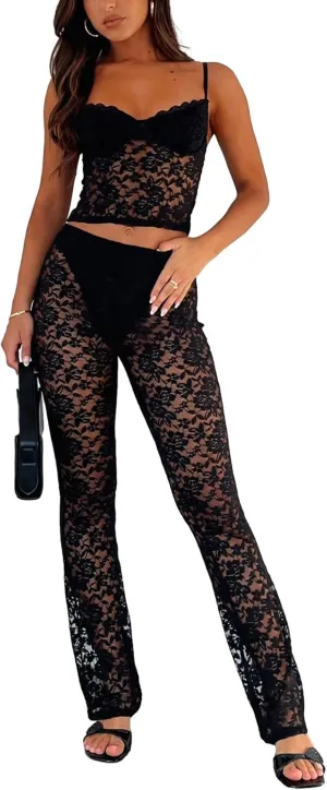 Women 2 Piece Lace Pants Set Y2K Sexy Halter Neck Sleeveless Floral Lace Corset Tank Top See-Through Flare Pants Set