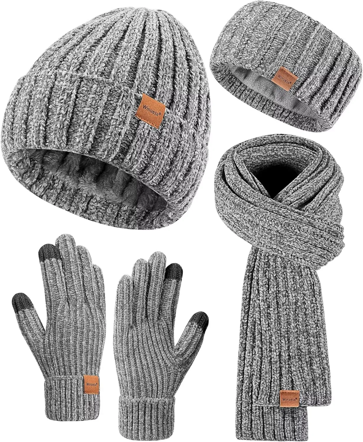 Women Beanie Scarf Gloves Headband Set, Chenille Winter Hats Fleece Lined Ear Warmer Knit Scarf Touchscreen Gloves 4 Gift Set
