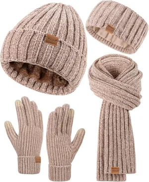 Women Beanie Scarf Gloves Headband Set, Chenille Winter Hats Fleece Lined Ear Warmer Knit Scarf Touchscreen Gloves 4 Gift Set