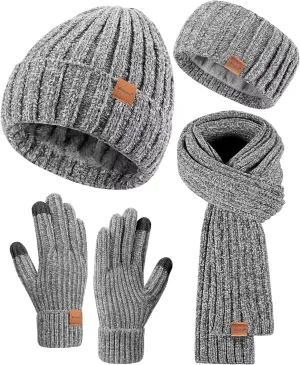 Women Beanie Scarf Gloves Headband Set, Chenille Winter Hats Fleece Lined Ear Warmer Knit Scarf Touchscreen Gloves 4 Gift Set