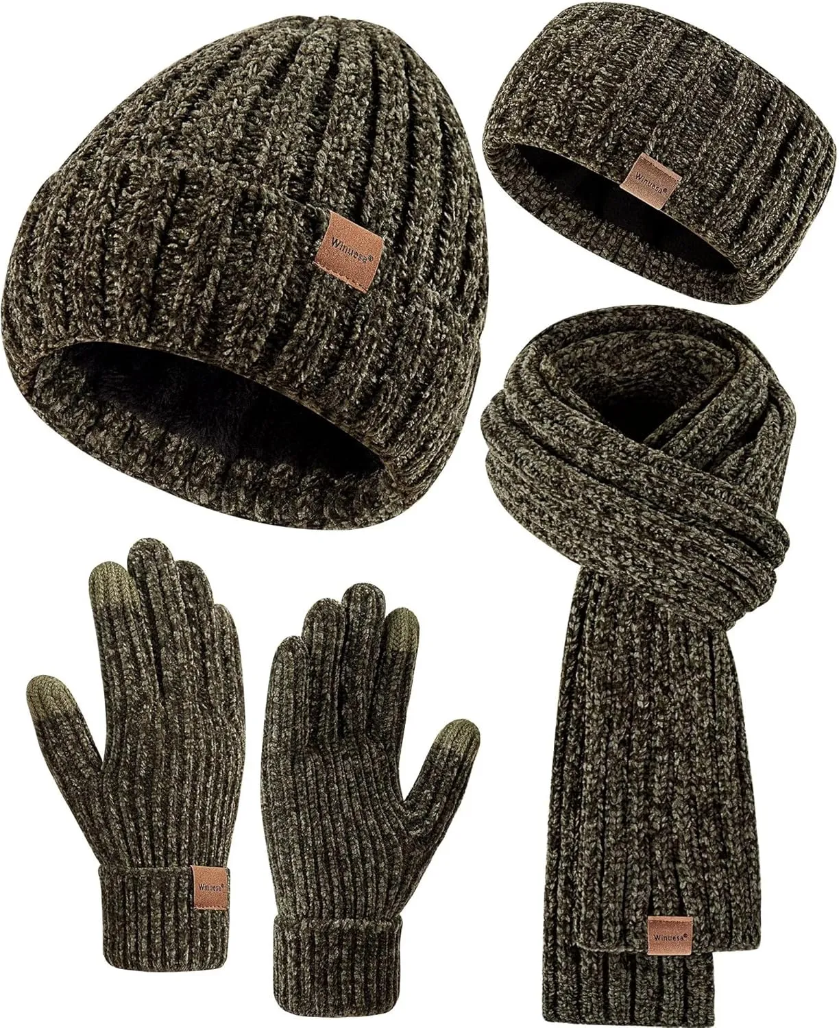 Women Beanie Scarf Gloves Headband Set, Chenille Winter Hats Fleece Lined Ear Warmer Knit Scarf Touchscreen Gloves 4 Gift Set