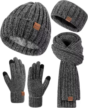 Women Beanie Scarf Gloves Headband Set, Chenille Winter Hats Fleece Lined Ear Warmer Knit Scarf Touchscreen Gloves 4 Gift Set