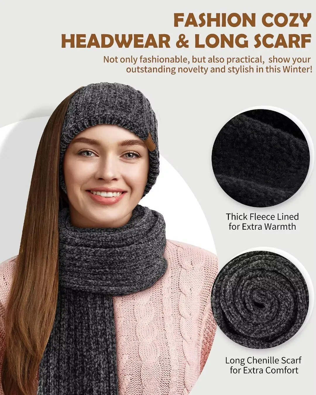 Women Beanie Scarf Gloves Headband Set, Chenille Winter Hats Fleece Lined Ear Warmer Knit Scarf Touchscreen Gloves 4 Gift Set