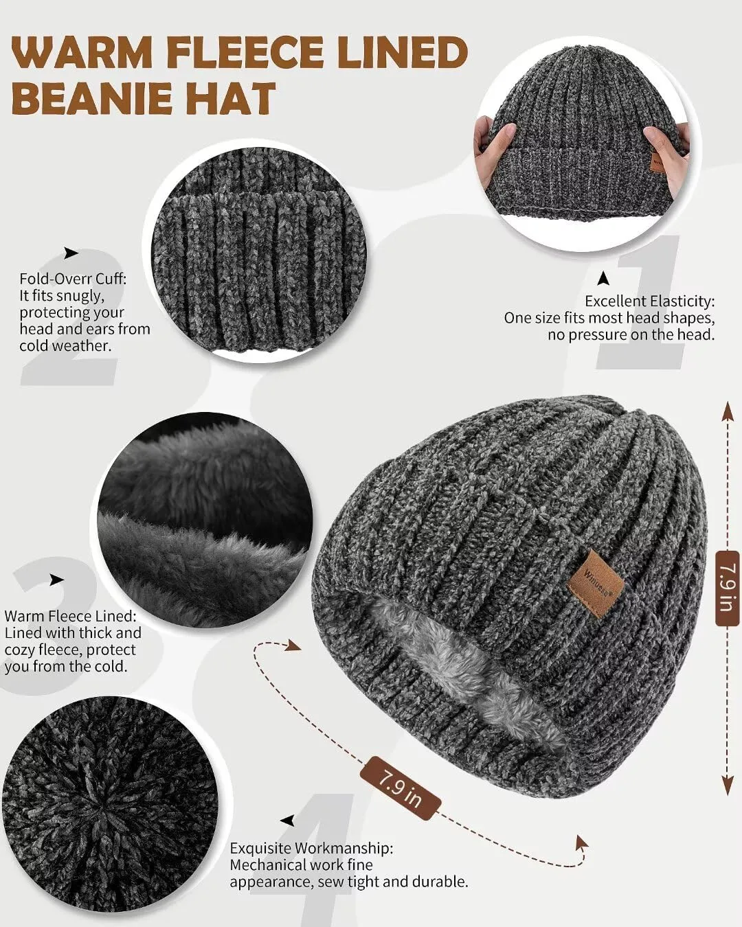 Women Beanie Scarf Gloves Headband Set, Chenille Winter Hats Fleece Lined Ear Warmer Knit Scarf Touchscreen Gloves 4 Gift Set