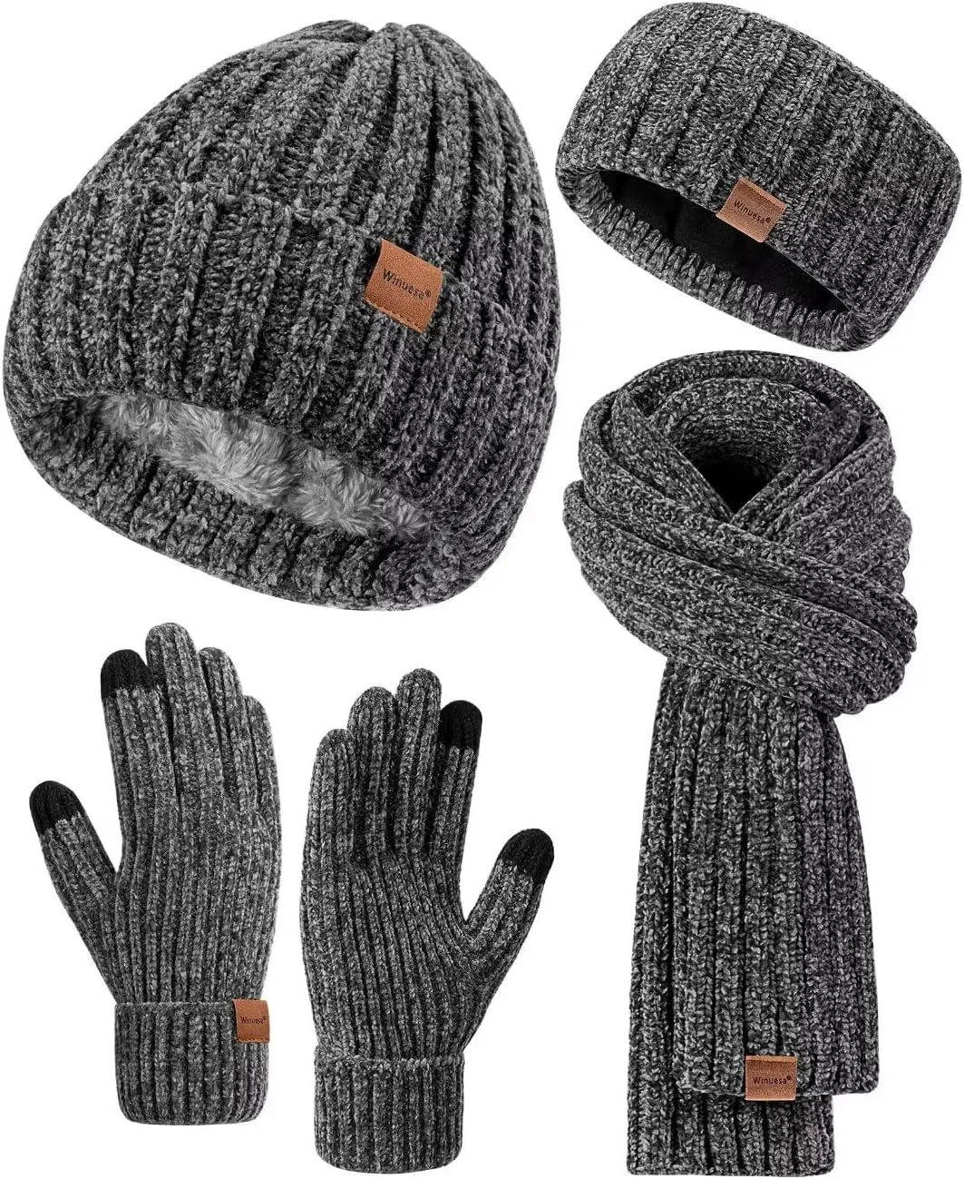 Women Beanie Scarf Gloves Headband Set, Chenille Winter Hats Fleece Lined Ear Warmer Knit Scarf Touchscreen Gloves 4 Gift Set