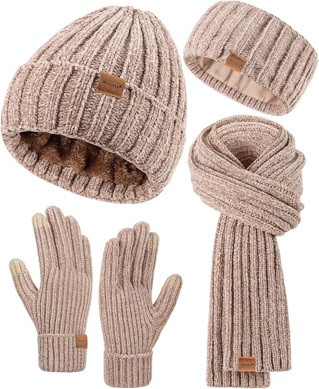 Women Beanie Scarf Gloves Headband Set, Chenille Winter Hats Fleece Lined Ear Warmer Knit Scarf Touchscreen Gloves 4 Gift Set