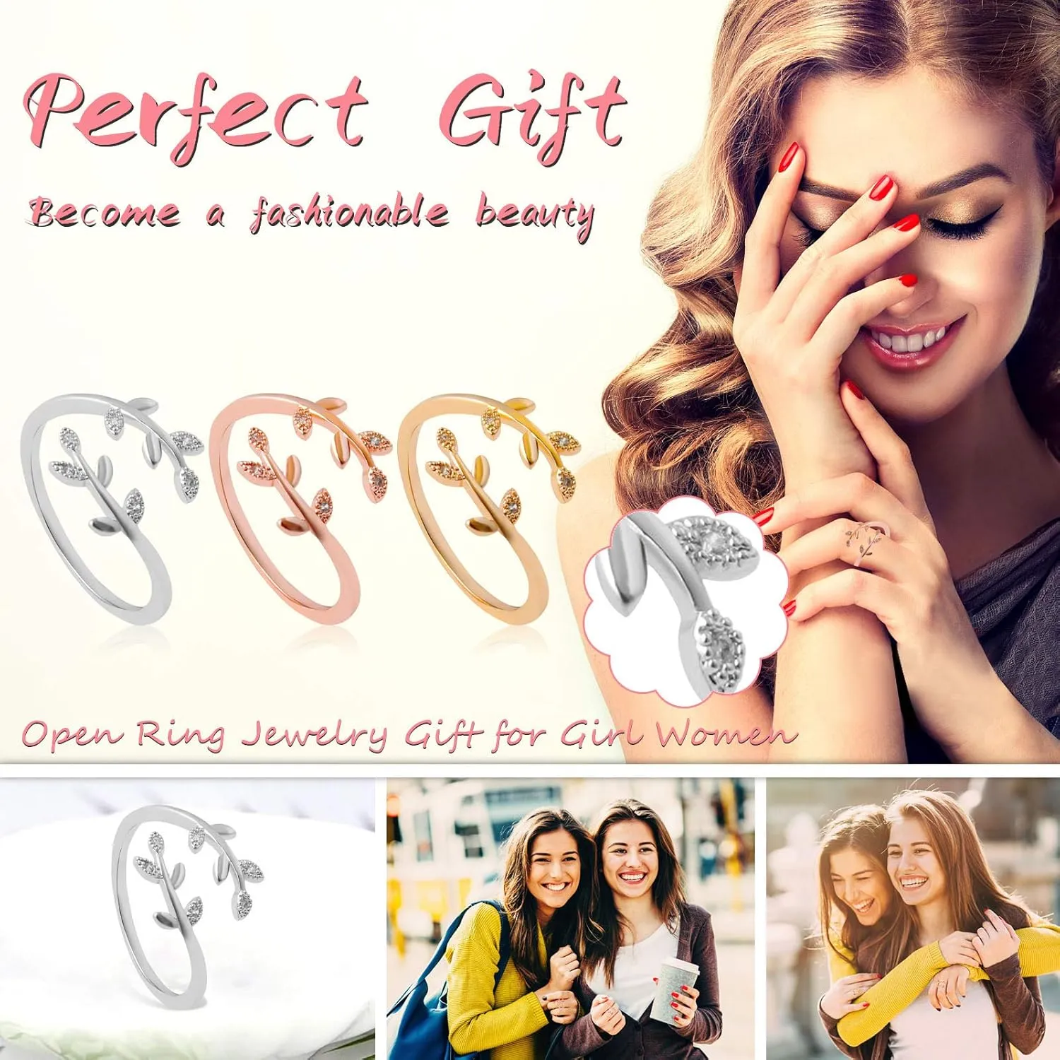 Women Bridal Engagement Ring for Men Wedding Ring Leaf Adjustable You Graw Open Gift Ring Jewelry Through Ring Go Through What Rings Stacking Fingerings for Teen Girls (Gold, One Size)
