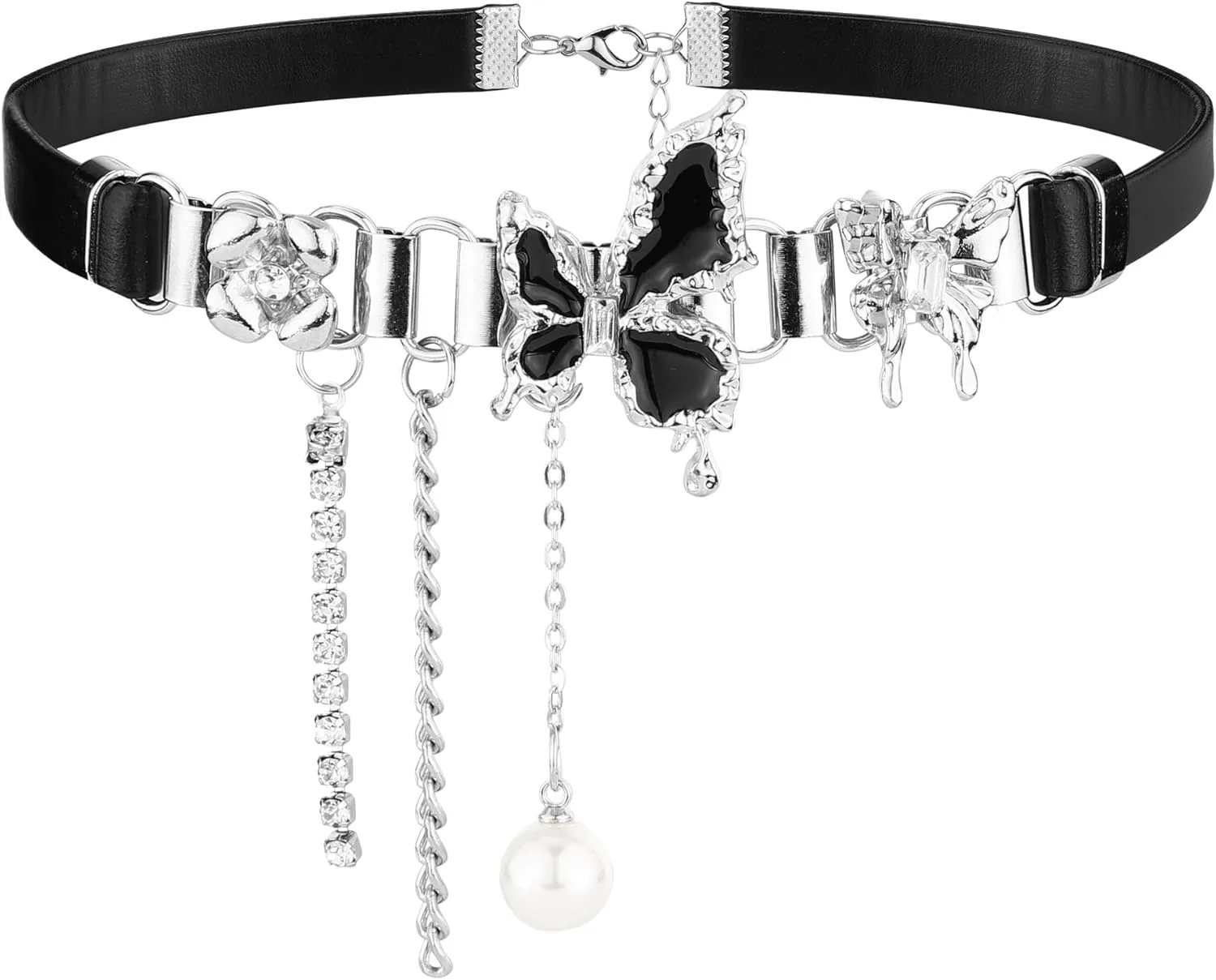 Women Choker Necklace Black Butterfly Gothic Choker Vintage Pearl Necklace with Crystal Wedding Costumes Punk Rock Party